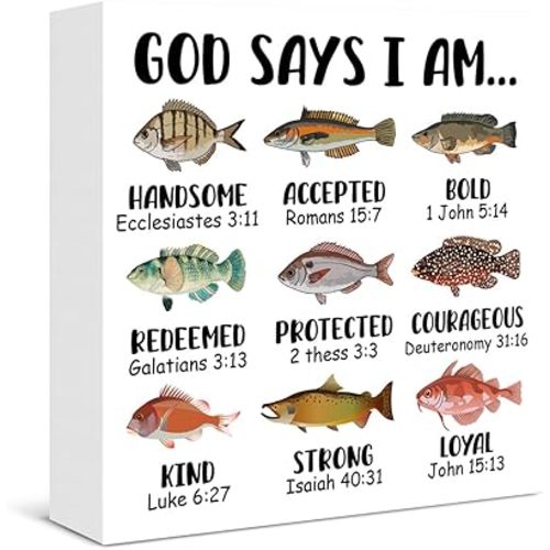 Fishing Decor for Boys Room Christian Nursery Decor Scripture God Says I Am Fishing Rustic Wooden Box Sign for Kids Room Bedroom Playroom Nursery Decorations, Fishing Gifts for Kids Boys Men