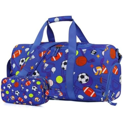 Boys Duffle Bag for Travel, Kids Duffle Bag Large Weekender Overnight Bags with Kids Toiletry Bag Set Shoe Compartment Carry on, Soccer Balls Blue