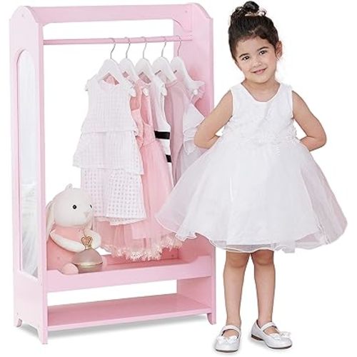 Teamson Kids - Kids Clothed Rack, Girl Dress Up Closet, Kids Dress Up Wardrobe, Dress Up Furniture Hanging Rack for Kids, Toddler Dress Up Station, Wooden Dress Up Unit with Hooks and Mirror - Pink