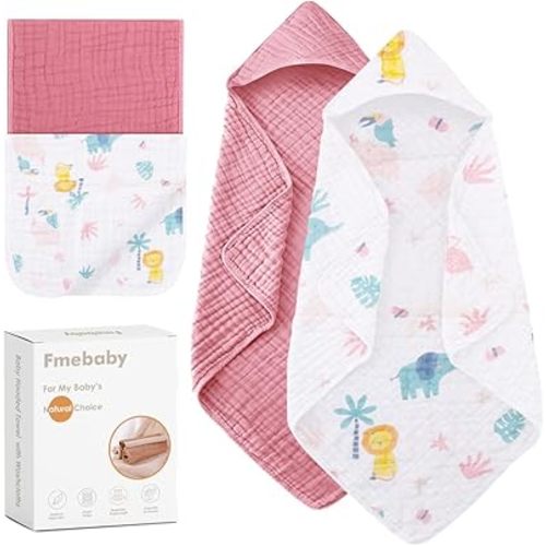 Muslin Bath Towel for Toddler 4 Pcs, 36x36 Inch 100% Muslin Cotton Baby Hooded Bath Towel and Washcloths for Babies, Infant and Kids, Soft and Absorbent Newborn Essential(Pink and Elephant)