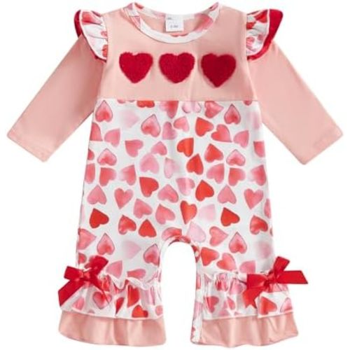 Newborn Baby Girl Valentines Day Outfit Long Sleeve Crewneck Romper Bodysuit Jumpsuit Cute Infant Winter Clothes