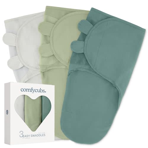 Comfy Cubs Easy Swaddle Blanket, 3 Pack - 100% Cotton Newborn Wrap, Small for 0-3 Months Infants, Breathable and Durable Sleep Sack for Babies - Stone, Sage, Azul