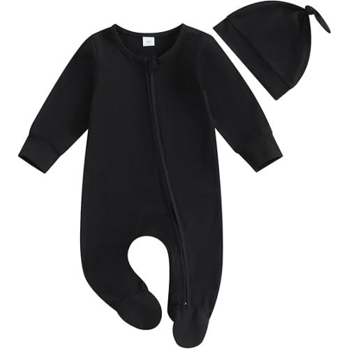 KMBANGI Newborn Infant Baby Boys Girls Footie Romper Solid Zipper Jumpsuit Baby Coming Home Outfit with Hat