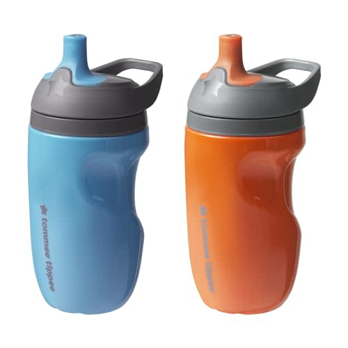 Tommee Tippee Insulated Sporty Bottle, 9oz, No Spill Toddler Water Bottle For 12 months +, Two-Piece Valve Helps Stop Spills, Pack of 2, Orange and Blue