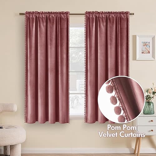 MIULEE Dry Rose Pink Pom Pom Velvet Curtains for Bedroom/Living Room Darkening Thermal Insulating 63 Inches Long Blackout Curtains with Rod Pocket for Girls Room/Nursery/Home Theater Set of 2
