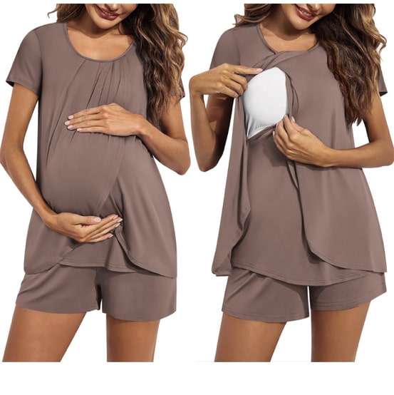 Ekouaer Women's Maternity Nursing Pajamas Set Breastfeeding Sleepwear Double Layer Short Sleeve Top & Shorts Nursing Pjs