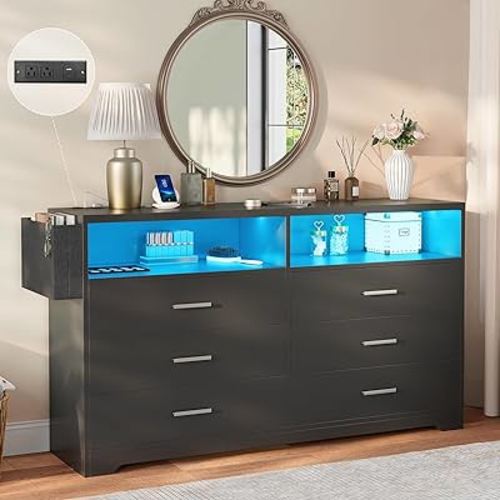 Alohappy 6 Drawer Dresser with Charging Station and LED Lights, Chest of Drawers with Open Storage Cubby, 55" Long Dresser, Modern Wood Dresser for Bedroom, Living Room, Entryway(Black)