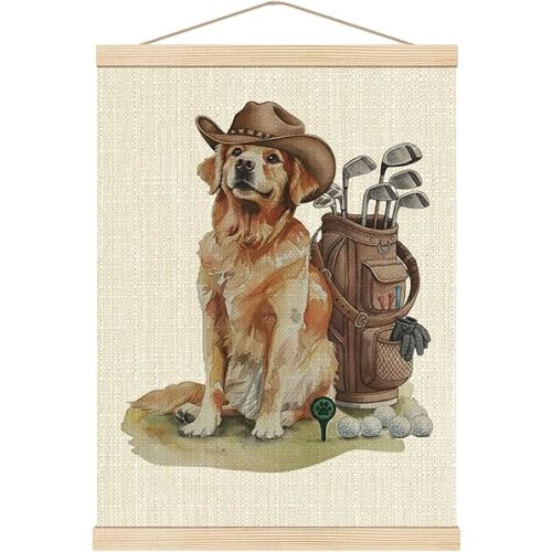 Boat Wades Golden Retriever Golf Wall Art Poster Hanger Frame,Gifts for Golden Retriever Lovers, Golfer Gifts for Women Men, Funny Western Dog Golfing Wall Decor for Home Office, 12x16 Inch
