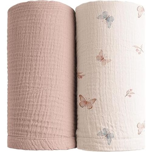 Konssy Muslin Swaddle Blankets for Boys Girls, 2 Pack Receiving Baby Blanket Large 47 x 47 inches, Soft Breathable Swaddling Wrap for Unisex Newborn (Taupe,Butterfly Dreams)