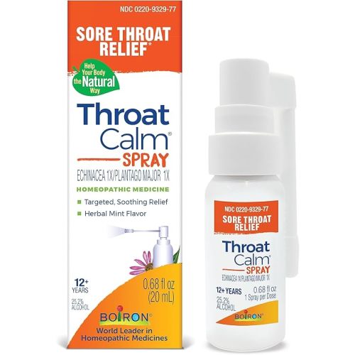 Boiron ThroatCalm Spray for Soothing Sore Throat Relief - Plant-Powered with Echinacea – Natural, Mint-Like Herbal Flavor - Non-Numbing & Benzocaine-Free - .68 Fl Oz