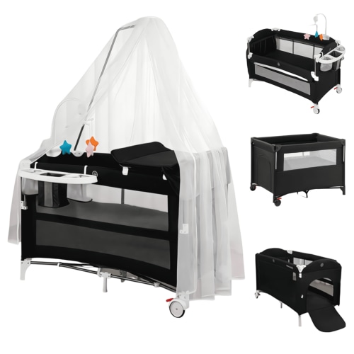 5-in-1 Baby Playard, Newborn Beside Bassinet, Multi-Function Baby Crib, Diaper Changer & Music Toy Arch for Newborn & Toddler, Unisex,BLACK