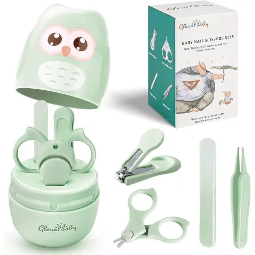 Baby Nail Care Kit with Cute Owl Case – 4-in-1 Infant Manicure Set (Clipper, Scissors, File, Tweezer) for Newborns, Infants & Toddlers – Safe Stainless Steel Tools Perfect Mother’s Day Gift (Green)
