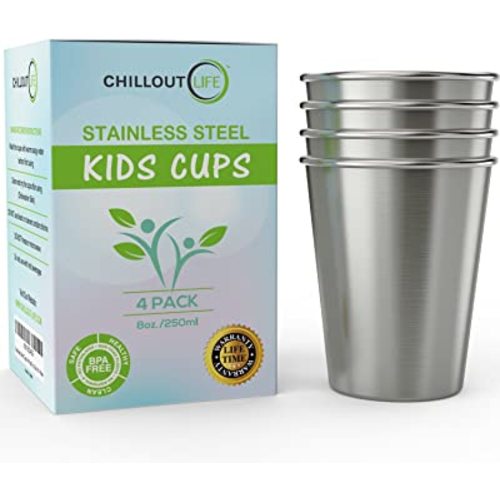 CHILLOUT LIFE Stainless Steel Cups for Kids and Toddlers 8 oz - Stainless Steel Sippy Cups for Home & Outdoor Activities, BPA Free Healthy Unbreakable Premium Metal Drinking Glasses (4-Pack)