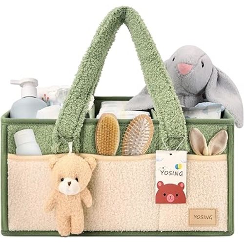 YOSING Diaper Caddy Organizer, Diaper Caddy for Changing Table, Newborn Caddy for Car Travel, Nursery Storage and Car Organizer for Diapers and Baby Wipes, Green+ White