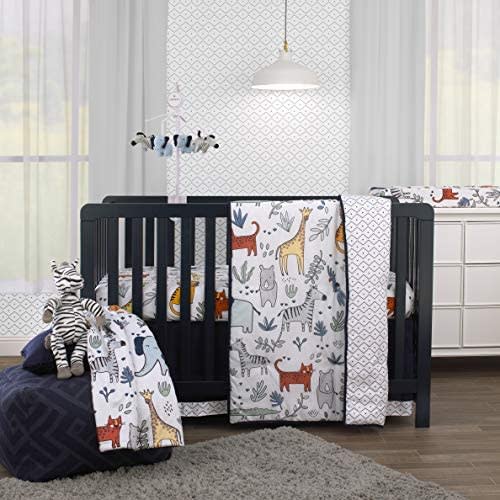 Carter's Safari Party - 4Piece Nursery Crib Bedding Set - Comforter, Fitted Sheet, Dust Ruffle & Plush Baby Blanket, Grey, Blue, Green, Orange