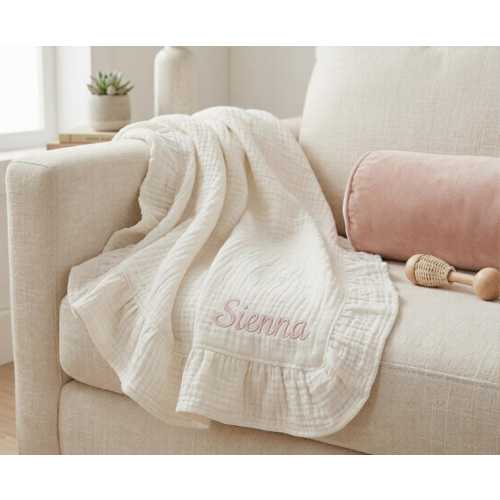 Custom Name Summer Cotton Baby Blanket, Custom Embroidered Muslin Swaddle, Boho Ruffle Baby Shower Gift, Newborn Essentials, Toddler Bedding