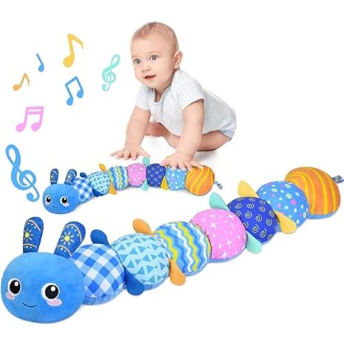 KMUYSL Baby Toys 0 to 12 Months, Musical Stuffed Animal Toys for 0-3-6-12 Months, Soft Sensory Toys with Crinkle and Rattles, Infant Tummy Time Toys Gifts for Newborn Boys Girls - Blue Caterpillar