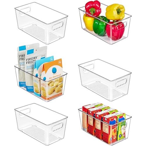 Vtopmart Clear Plastic Pantry Organizer Bins, 6 PCS Food Storage Bins with Handle for Refrigerator, Fridge, Cabinet, Kitchen, Countertops, Cupboard, Freezer Organization and Storage, BPA Free, Small