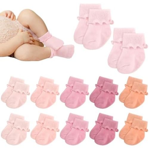 Toulite 12 Pairs Preemie Socks Baby Girls Boys Turn Cuff Cotton Premature Ruffle Socks Hospital Nicu