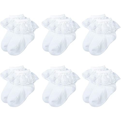 6 Pairs Baby Girls Socks - Newborn Ruffle Lace Princess Frilly Knit Cotton Socks