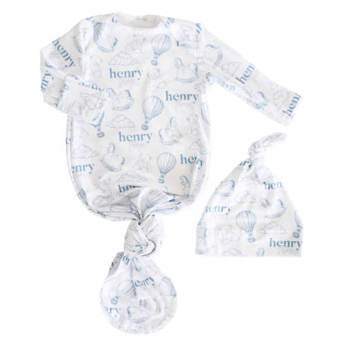 Up In The Clouds Personalized Newborn Baby Knot Gown & Hat Set