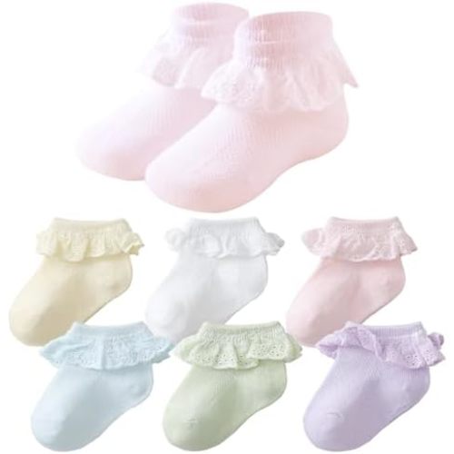 Baby Girls Socks Eyelet Ruffle Lace Frilly Dress Socks for Newborn Infant Toddler 3/6 Pairs