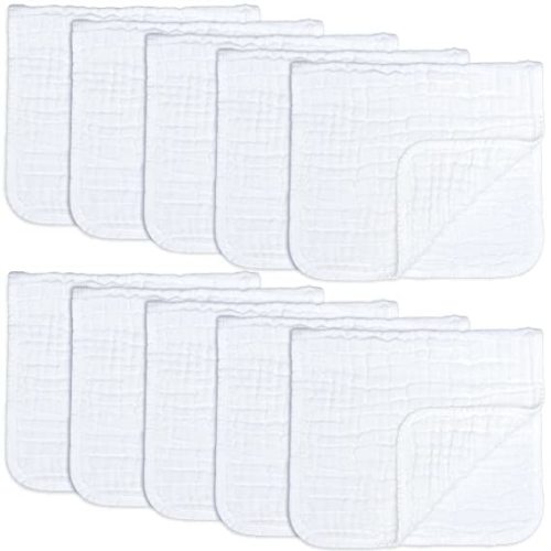 Comfy Cubs Muslin Burp Cloths Large 100% Cotton Hand Washcloths for Babies, Baby Essentials 6 Layers Extra Absorbent and Soft Boys & Girls Rags for Newborn Registry (White, 10-Pack, 20" X10") - 10-Pack 20"X10"