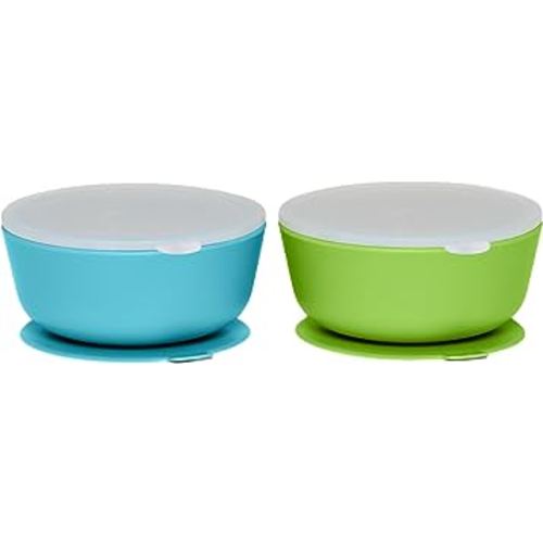 WeeSprout Suction Bowls for Baby & Toddlers (Set of 2) - 100% Silicone w/Plastic Lid - Leak Proof Feeding Supplies - Dishwasher & Microwave Safe Infant Dinnerware w/Extra Strong Base