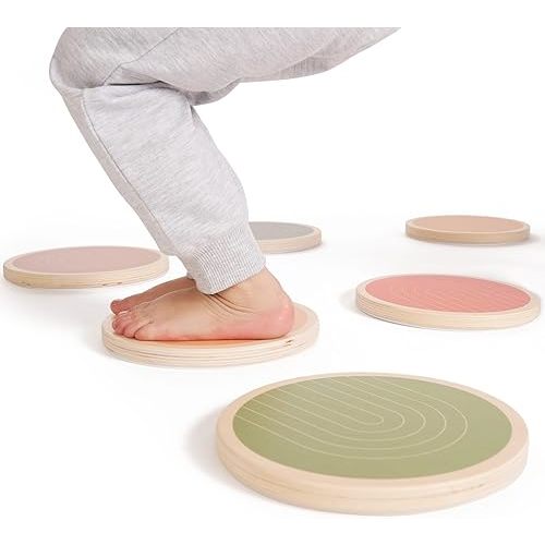 ZICOTO Fun Wooden Stepping Stones for Kids - Perfect Toddler Indoor Activity to Improve Balance and Coordination Skills - Safe Non-Slip Obstacle Course and Sensory Toy Set of 6 for Ages 1-3, 3-4