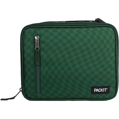 PackIt Freezable Classic Lunch Box, Checker Wave Olive, Built with EcoFreeze Technology, Collapsible, Reusable, Zip Closure With Zip Front Pocket and Buckle Handle, Designed for Fresh Lunch On the Go