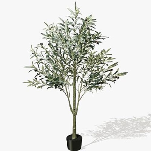 5FT Artificial Olive Tree Indoor, Faux Olive Tree with Pot, Fake Olive Plant with Realistic Fruits & Wood Trunk, Bendable Branches, Easy Assembly, Low Maintenance for Home, Office, Living Room Decor