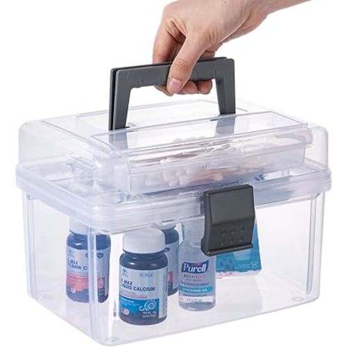 MyGift 10 Inch Premium Clear First Aid Kit Bin with Detachable Tray and Gray Top Handle, Portable Emergency Kit, Medical Supply Travel Tote, Medicine Storage Box Container