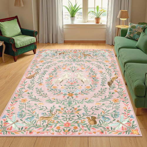 Machine Washable 5x7 Area Rugs for Living Room, Non Slip Soft Low Pile Unicorn Floral Farmhouse Moroccan Vintage Animal Playroom Girls Rugs for Bedroom, Large Carpet Rugs for Nurseries(Pink,5'x7')