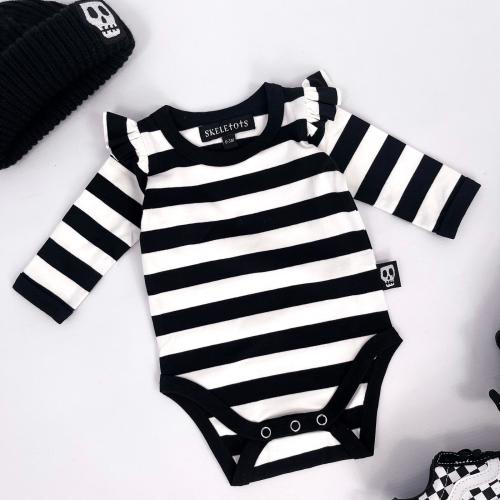 Baby Bodysuit - Striped Black & White with Frilled Sleeves - Gothic Fashion – Skeletots