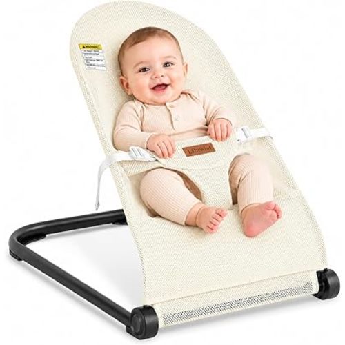Baby Bouncer Seat, Portable Infant Bouncer with 3-Point Harness, Lightweight Baby Seat with Ergonomic Design for Babies 0-6 Months Up to 20lbs, Mesh Beige