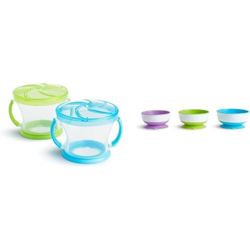 Munchkin® Snack Catcher® Toddler Snack Cups, 2 Pack, Blue/Green & Stay Put™ Suction Bowls for Babies and Toddlers, 3 Pack, Blue/Green/Purple - Blue/Green + Suction Bowls