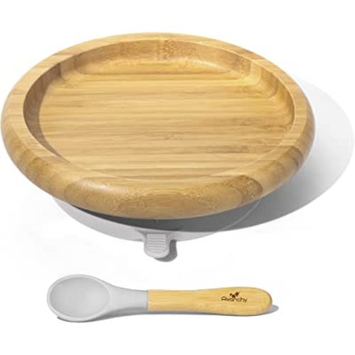 Avanchy Classic Baby Plates Non Divided Bamboo with Suction for Babies Kids Toddler Food with Silicone Spoon for Feeding, Gray