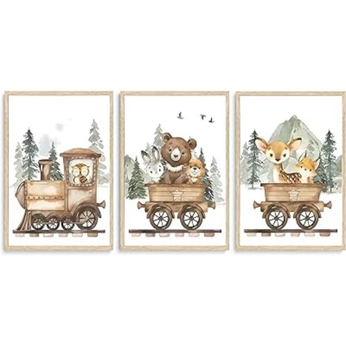 SZHUAAIC 3Pcs Woodland Animal Nursery Canvas Wall art Forest Wildlife Train Adventure Drawing Picture Wall Decor Fox Bear Deer Rabbit Owl Poster Printings for Boys Girls Room Home Decoration Unframed