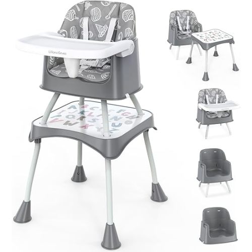 Lilian&Gema 6 in 1 Baby High Chair, Convertible Highchair for Babies and Toddlers, Table and Chair Set, with Safety Harness, Removable Tray Gray