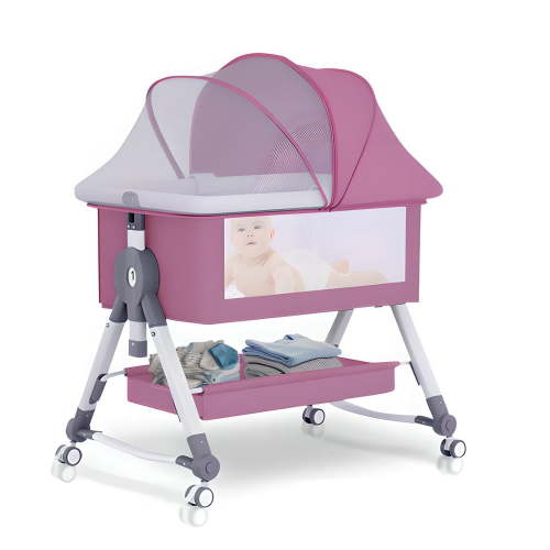 StarZe Baby Bassinet with Mosquito Net and Storage Rack，Silent Wheels，Adjustable Height,Pink.