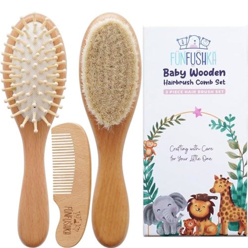 Baby Wooden Hair Brush and Comb Set for Newborn Toddler - Natural HairBrush with Soft Goat Bristle for Girl and Boy, Perfect for Cradle Cap