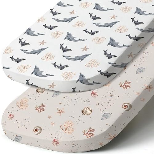 Stretch Fitted Bassinet Sheet Set BROLEX 2 Pack Cradle Sheets for Bassinet Pad/Mattress,Unisex Boys Girls,Ultra Soft,Dolphins Shells