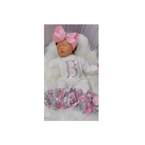 Baby Girl Outfit, Coming Home Outfit, Custom, Handmade, Personalized Newborn, Babyshower Gift, Newborn Clothing Set, Pink & Silver