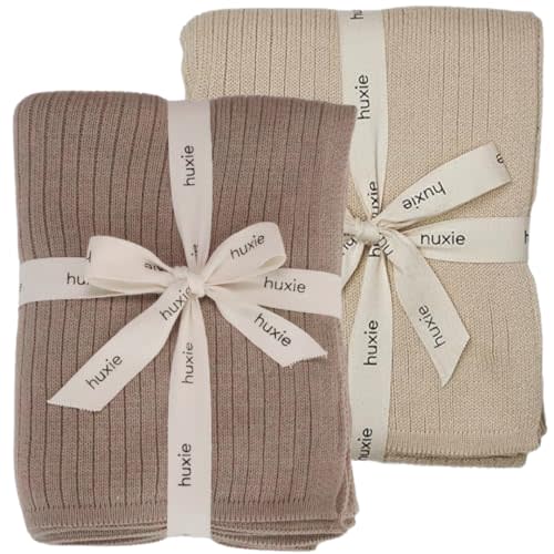 Knitted Organic Cotton Baby Blanket- Swaddle Blanket, 30" x 40" Soft Receiving Blanket for Newborn 2-Pack (Fog/Mochachino)
