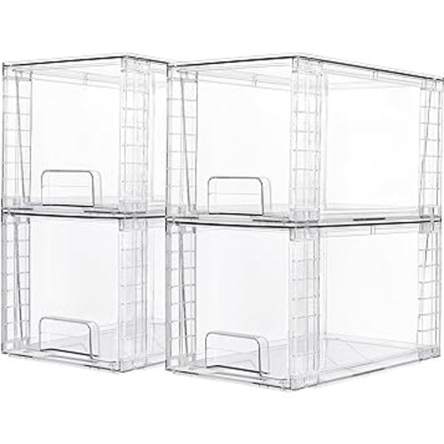Vtopmart 4 Pack Large Stackable Storage Drawers,Clear Acrylic Drawer Organizers with Handles, Easily Assemble for Bathroom,Kitchen Undersink,Cabinet,Closet,Makeup,Pantry organization and Storage