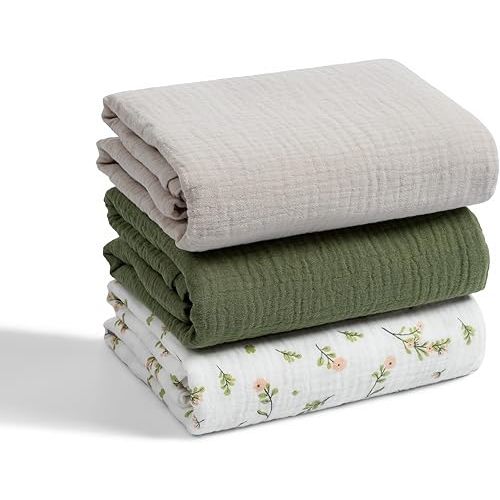 Meracorallo Muslin Swaddle Blanket, 100% Cotton Receiving Blanket Soft and Breathable Swaddle Wrap for Baby Boys and Girls, 3 Pack, Olive Green+Flower+Beige