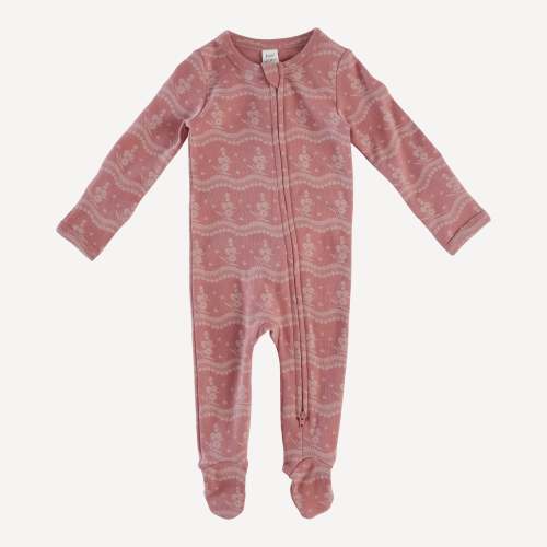 long sleeve zipper footie | old rose floral lace | organic cotton interlock