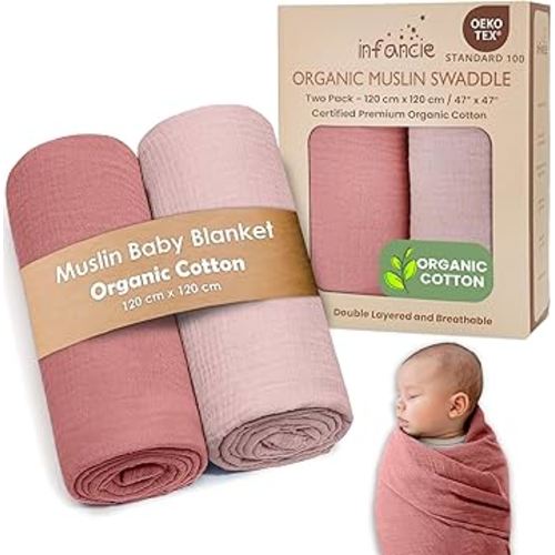 Infancie Organic Cotton Muslin Baby Blanket - 120x120 cm (47x47 inches) Breathable Swaddle, Hypoallergenic Double-Layer, Versatile Use (Rose/Peach)