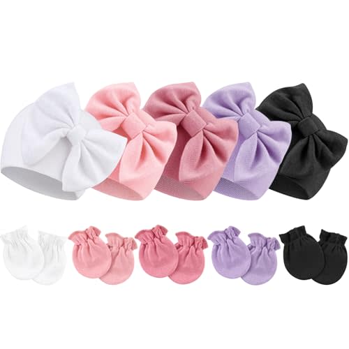 BQUBO Newborn Baby Girls Hats Mittens Set Hospital Hat Beanie Infant Bow Hats Baby Cotton Gloves for 0-6 Months