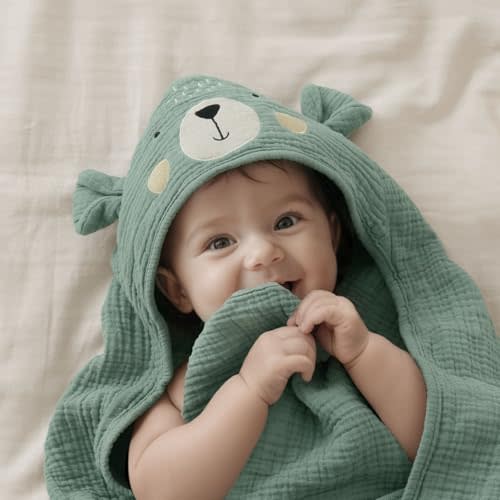 Blissful Diary Muslin Baby Hooded Towel, Soft and Absorbent Bath Towel for Newborn, Infant, Toddler, Unisex, 32″x32″ - Smart Bear